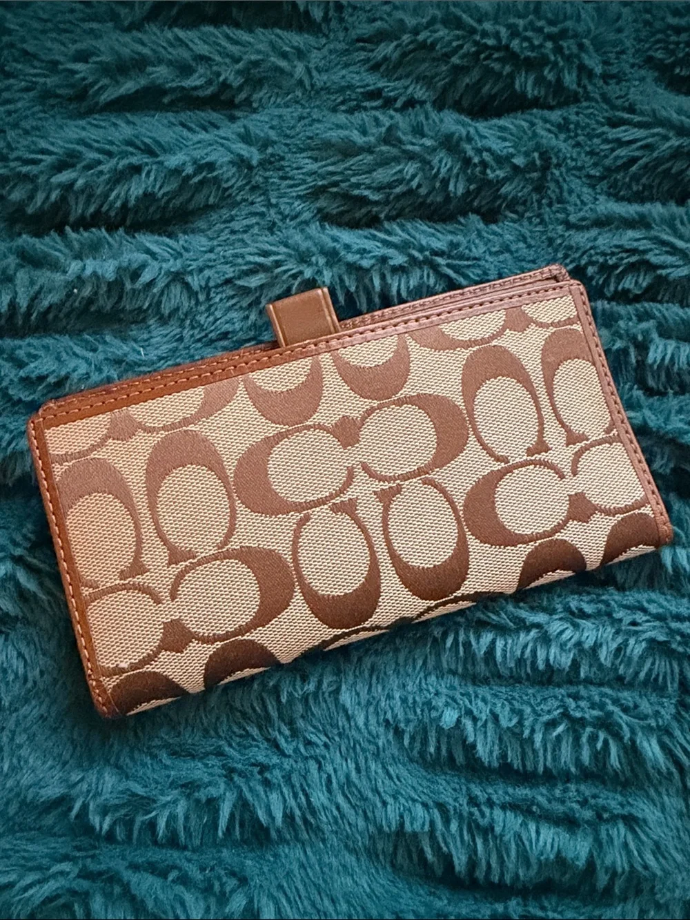 Coach Signature Canvas Continental Wallet in Brown and Cream